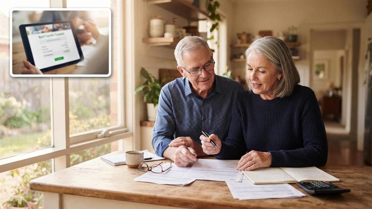 An older couple reviewing paperwork together at a kitchen bench in morning light.